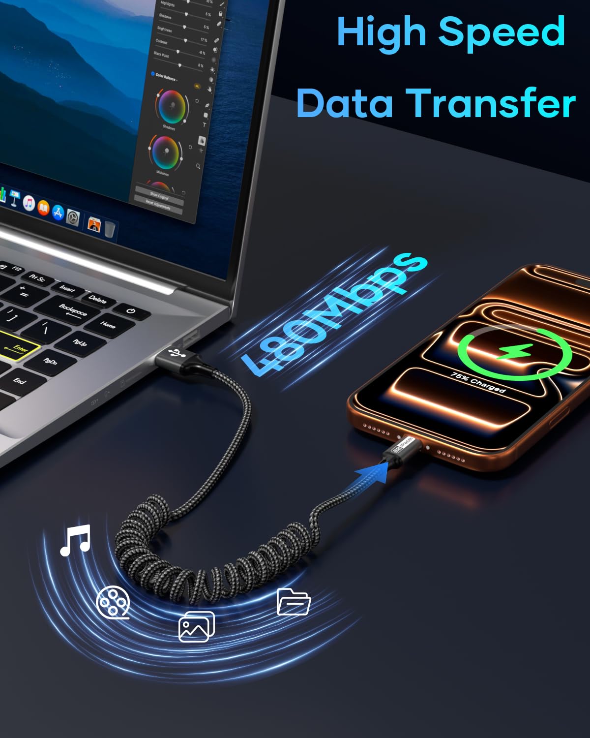 Zestiq Cavo USB C Spirale, 【0.4M-0.9M】 Cavo Retrattile USB Tipo C per Carplay, Cavo di Ricarica USB A a Tipo C Android Auto Compatibile con iPhone 17, 16, 15, iPad, Samsung Galaxy, Google Pixel-Nero