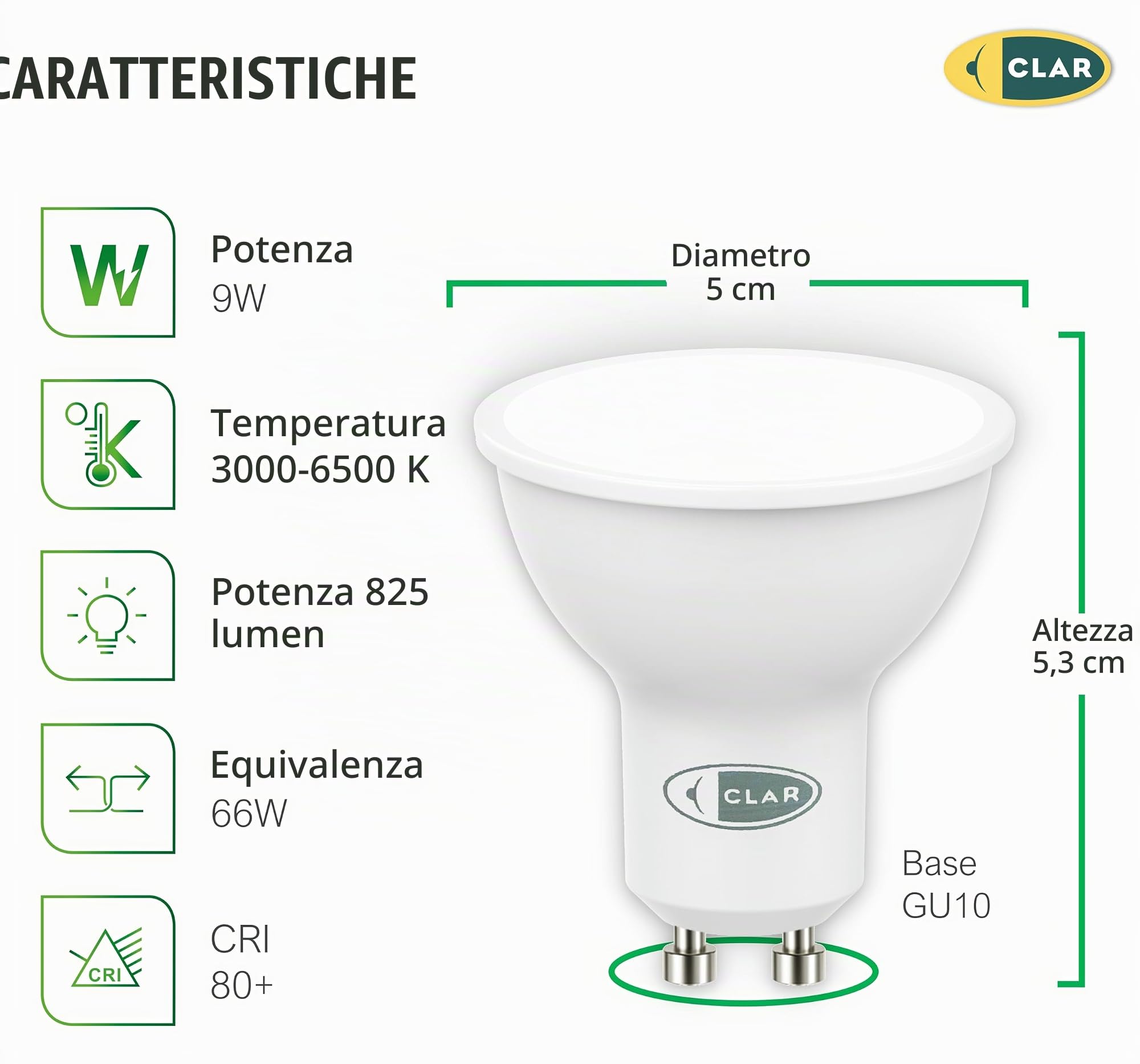 CLAR - Lampadine GU10 LED, Faretti GU10, GU10 LED 3000K 9W (Pack 20)