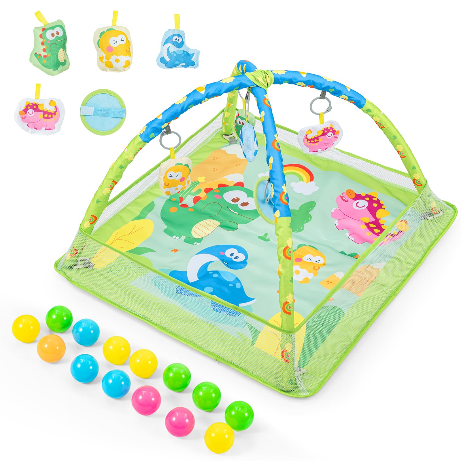 BREEZENEST Baby Play Gym & Activity Mat with Sensory Toys – Arch, Kick Piano, Mirror, Crinkle Medallion, Soft Book, Rattle, Ocean Balls, Playmat for Newborns & Infants (0-36 Months) (Dinosaur-Square)