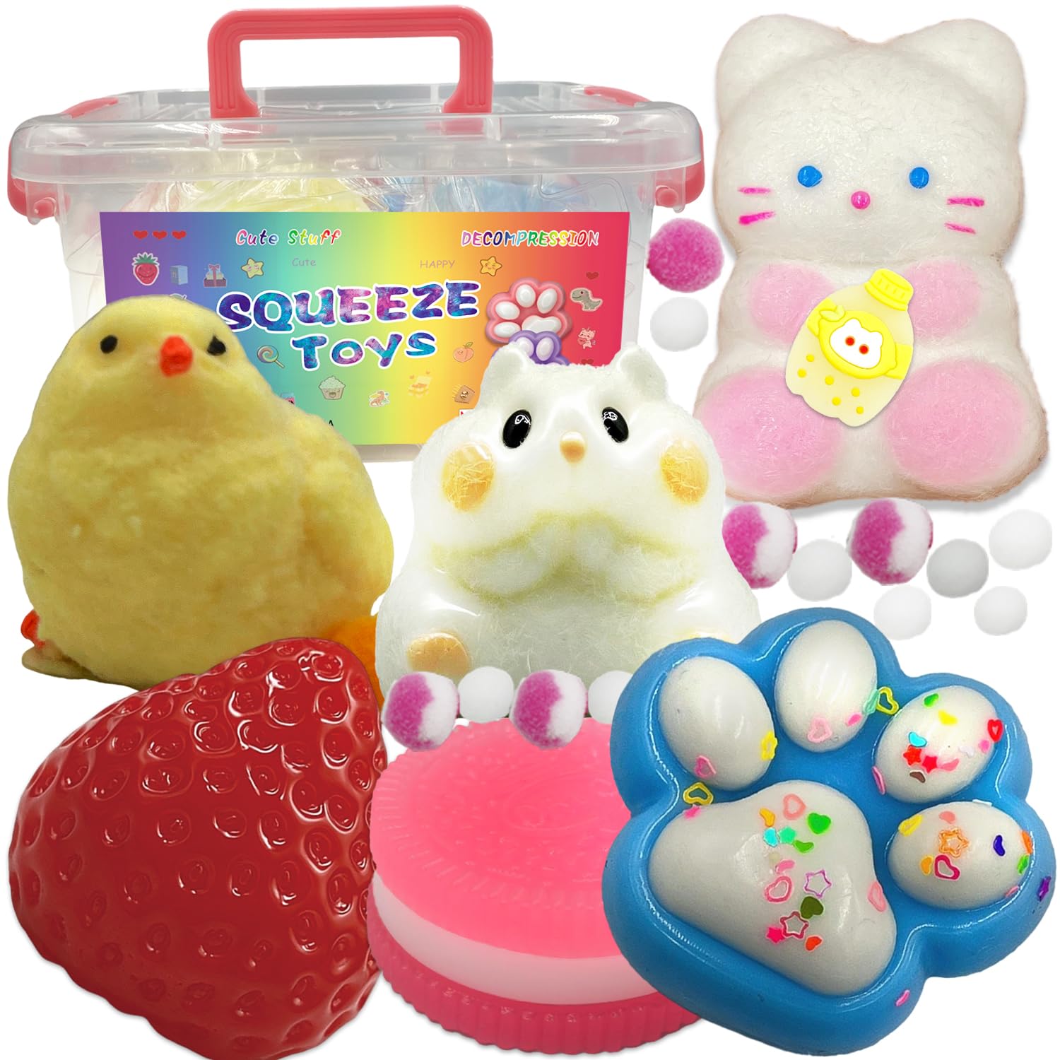 Mega Taba Squishy Pack 6 Giant Slow Rise Squishies with Storage Box Ultra Soft ASMR Stress Relief Autism Sensory Toys Hamster Strawberry Cookie Cat Paw Milk Bottle Cat Chick Kawaii Fidget Toys