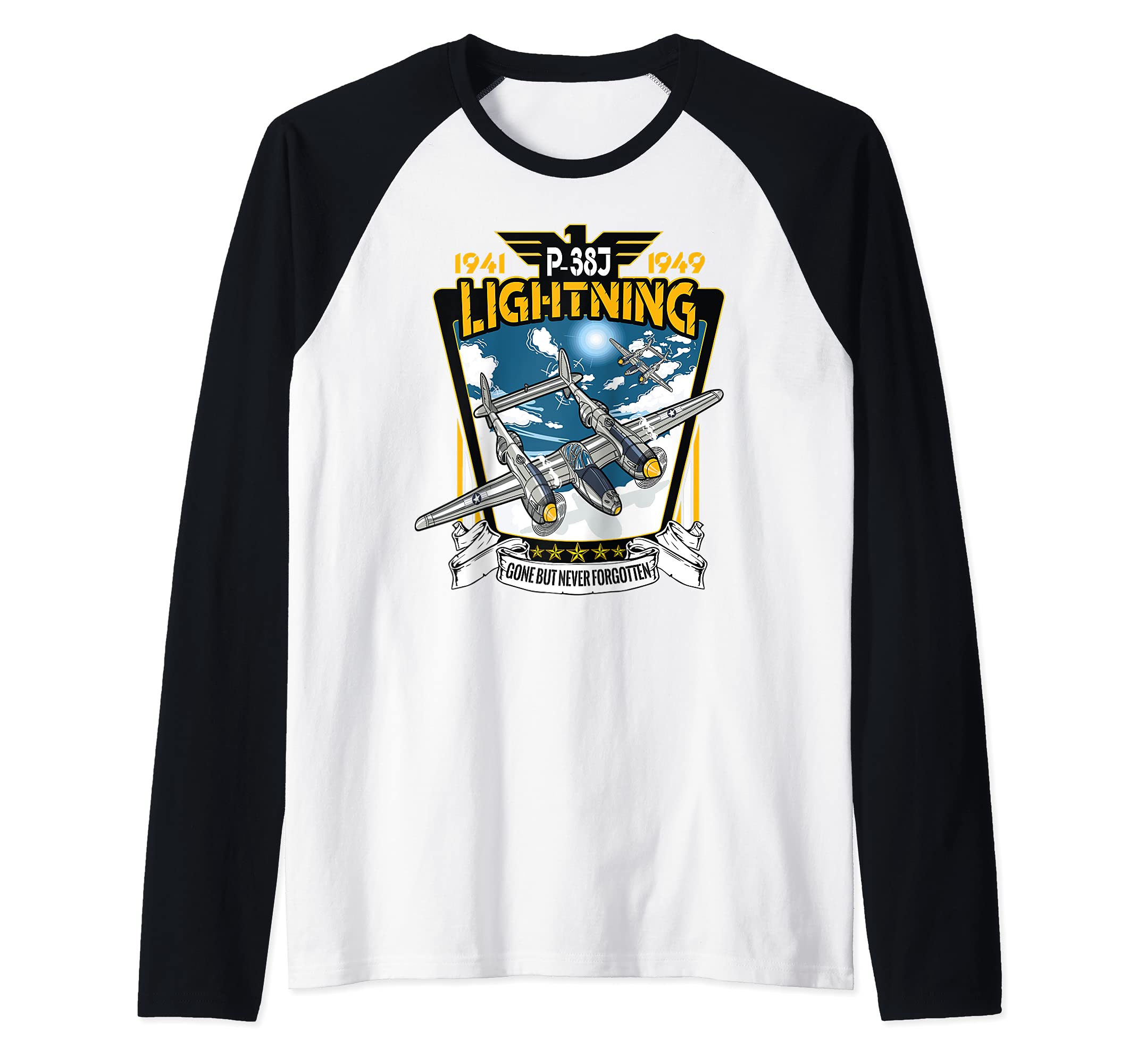 World War 2 American P-38 Lightning Fighter Airplane Raglan Baseball Tee, Black