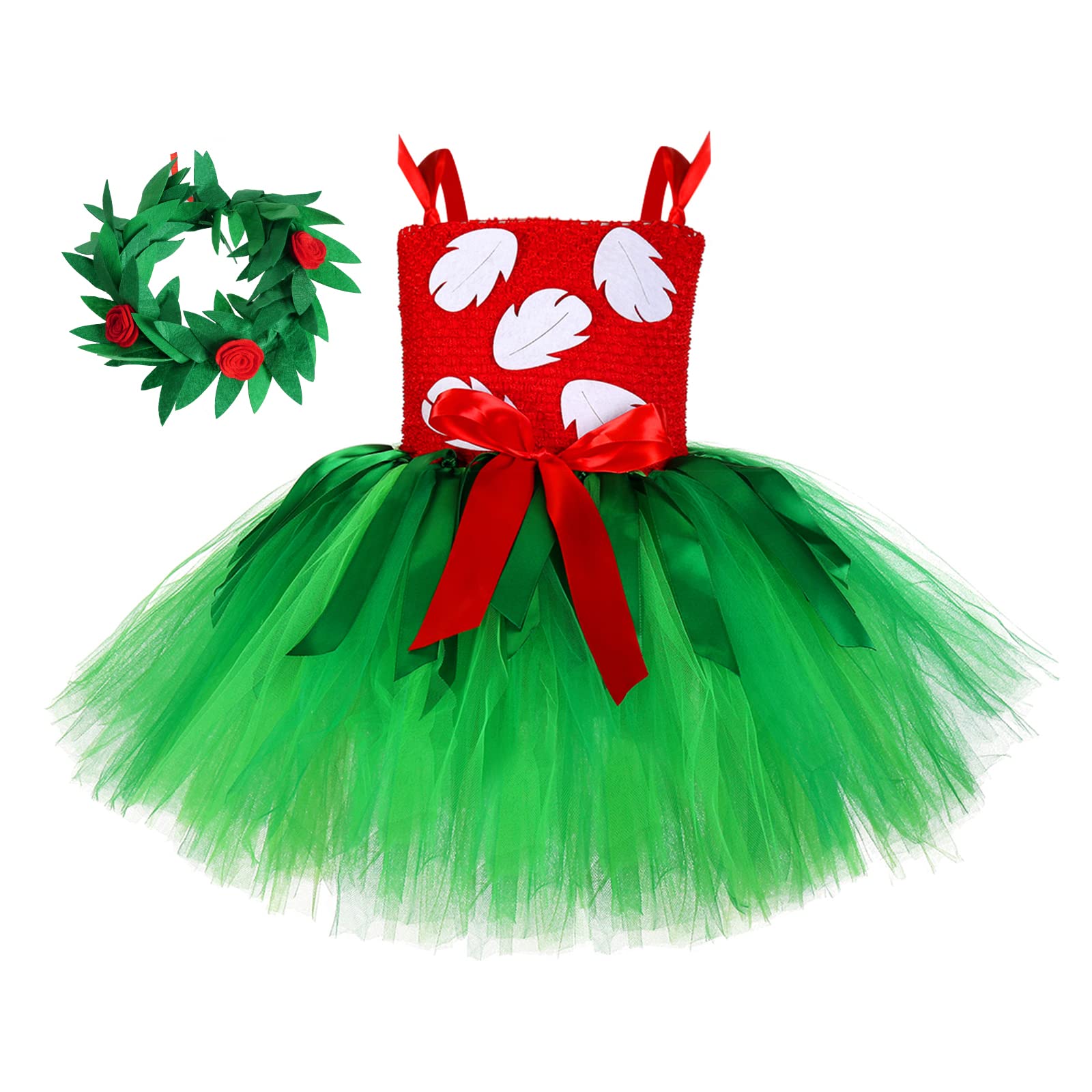 SUMERSHA Girls Summer Hawaiian Costume Baby Girl Red Green Tutu Dress with Tropical Fern Leaf Headband Halloween Party Outfit