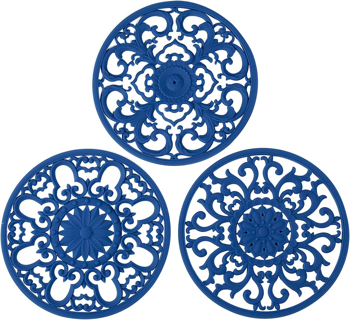 Colinda Extra Thick Silicone Trivets Set of 3 Navy Blue - Heat Resistant up to 482°F Hot Mats for Pots, Pans & Countertops