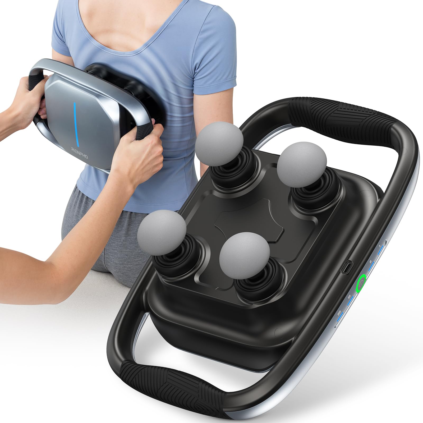 RENPHO QUAD 4-Kopf-Tiefenmassagegerät mit 4 Intensitätsstufen, austauschbaren Köpfen und Platte, elektrisches Muskelmassagegerät für Rücken, Nacken, Schultern, Beine und den ganzen Körper