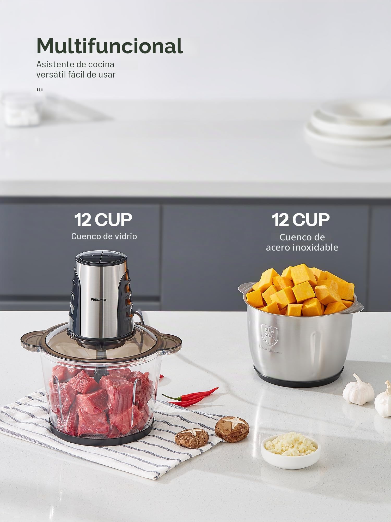 Picadora Eléctrica de Alimetos con 2 Grandes Recipientes (3L+3L), Mini Picadora Eléctrica, 2 Velocidades, 1 Cuchilla de Doble Nivel, Picadora de Carne con Motor de Cobre de 500W