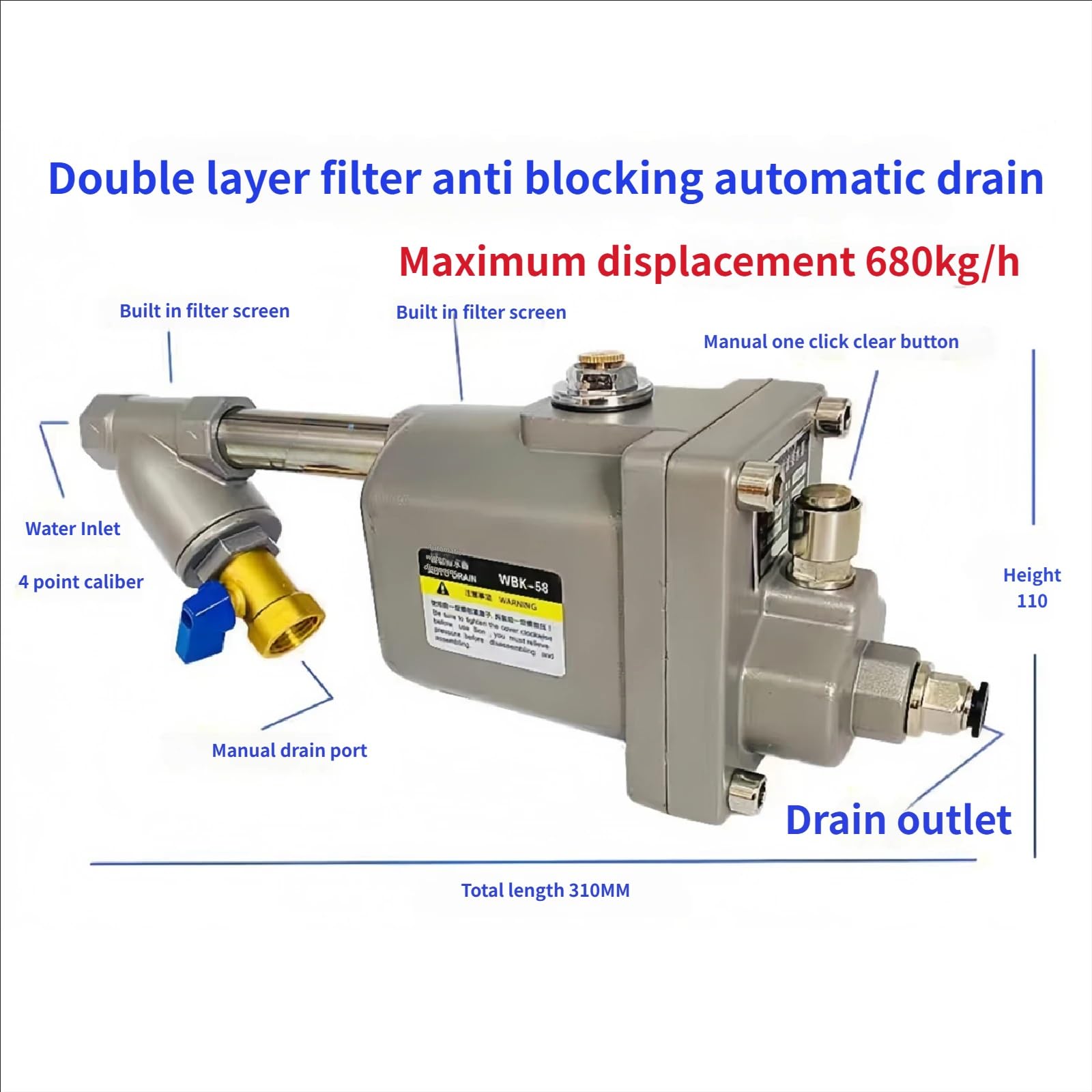Válvulas De Drenaje Automático De 1,6 MPa Con Cero Pérdidas De Aire, Drenaje De Condensado Totalmente Automático (1/2") Con Prefiltro, Para Tanque De Aire Del Compresor, Drenaje Rápido(Gray)