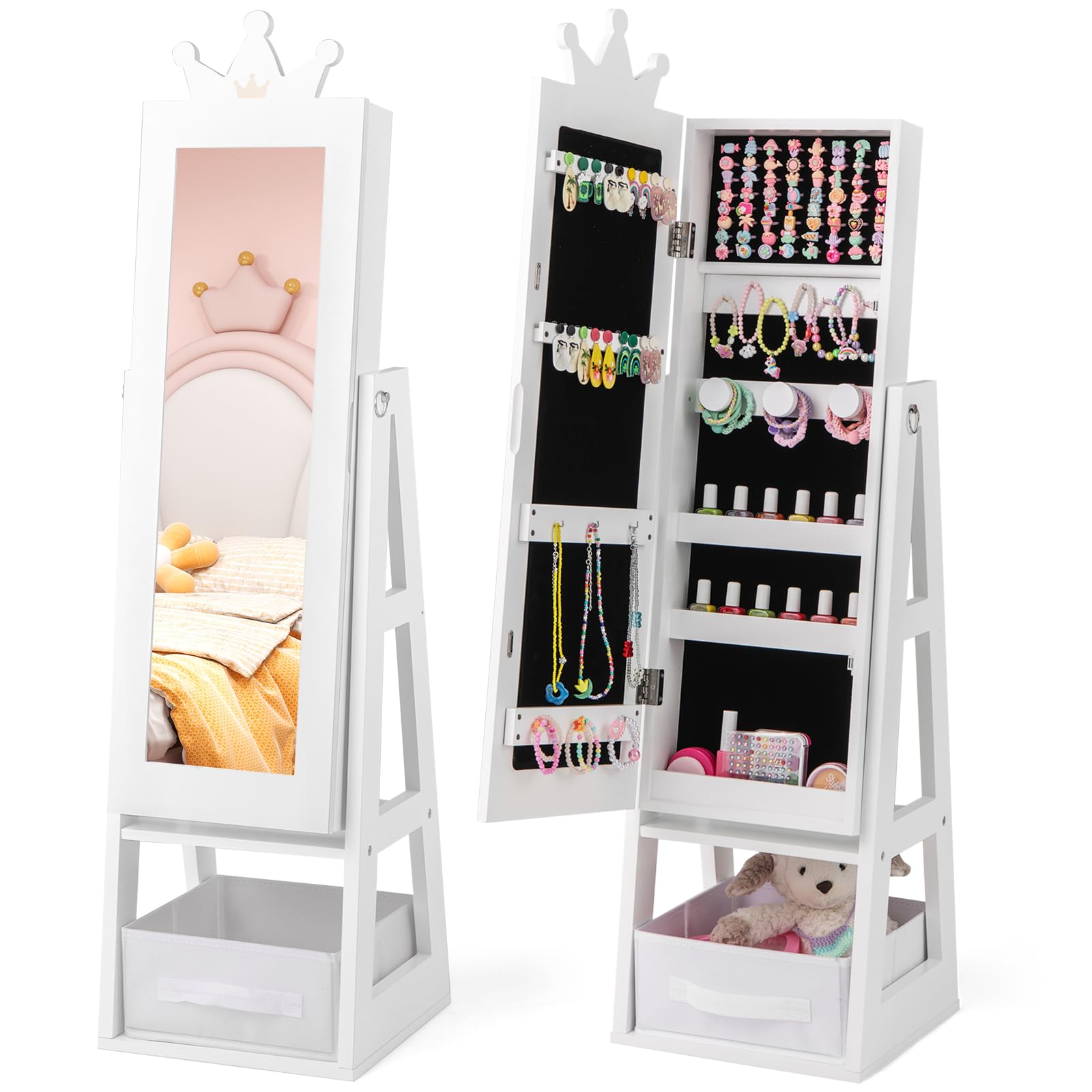 Costzon Kids Jewelry Armoire, 45.5" Standing Jewelry Cabinet with Full-Length Mirror, Large Capacity, Back Storage Shelf, Kids Vanity Dress Up Mirror