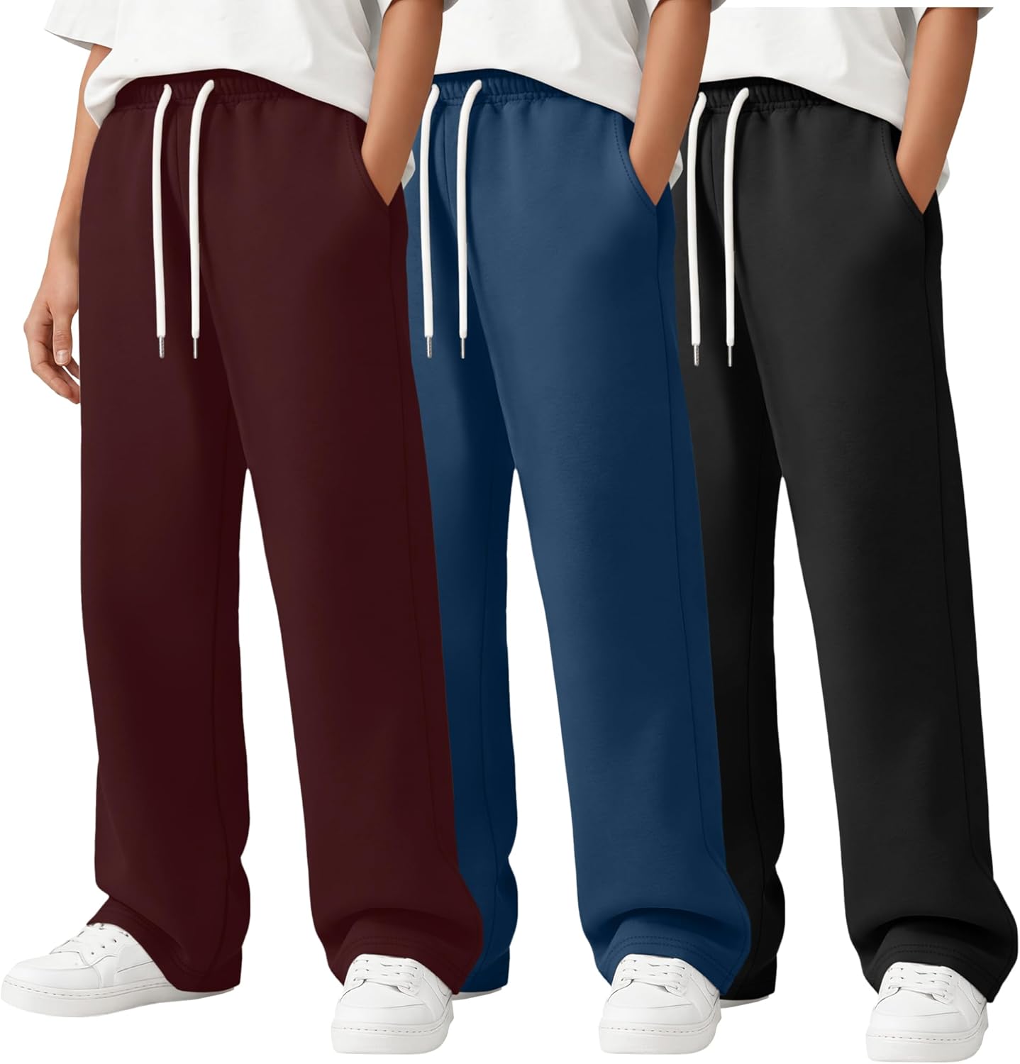 3 Pack Boys Straight Leg Sweatpant Kids Open Bottom Drawstring Athletic Jogger Baggy Elastic Waist Pant with Pocket