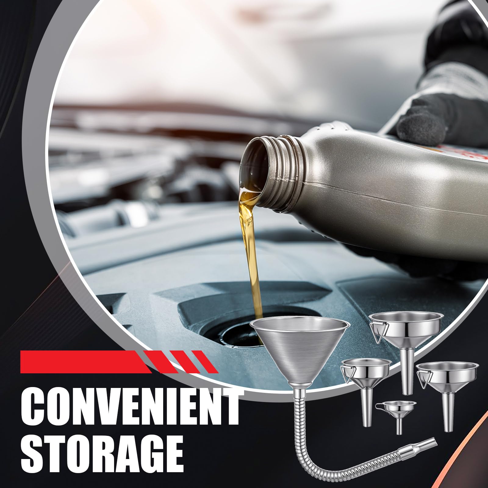 Blulu Set di 5 imbuti flessibili per olio in acciaio inox, per uso automobilistico, con beccuccio pieghevole, per auto, barca, gasolio, altri liquidi, con tubo e filtro