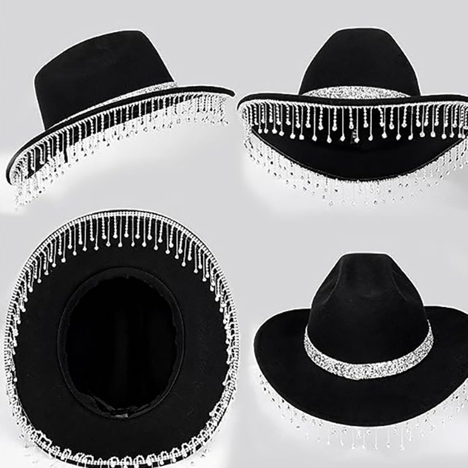Cowboy hat,Vintage Country Western Giltter Rhinestones Tassels for Party Photo Props Headwaer Gifts White