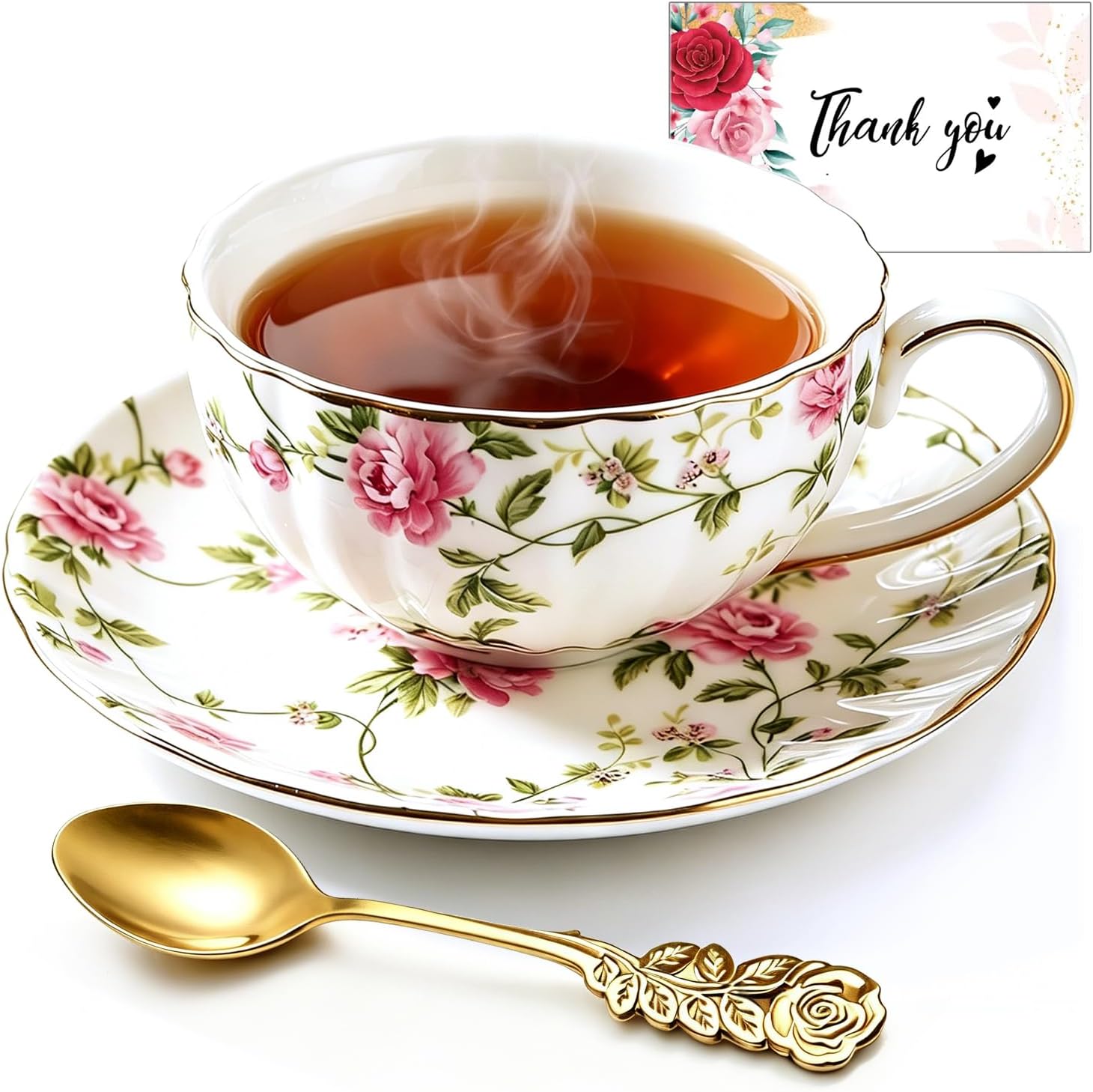 Tea Cups and Saucers Set,Bone China, 6 oz, Porcelain Coffee Cup,Cappuccino Cup,Vintage Floral Pattern,with Gold Trim, Antiqued Ceramic,for Drink Espresso,Gifts for Women,Tea Party (Forest Flowers)
