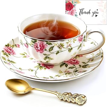 Tea Cups and Saucers Set,Bone China, 6 oz, Porcelain Coffee Cup,Cappuccino Cup,Vintage Floral Pattern,with Gold Trim, Antiqued Ceramic,for Drink Espresso,Gifts for Women,Tea Party Forest Flowers
