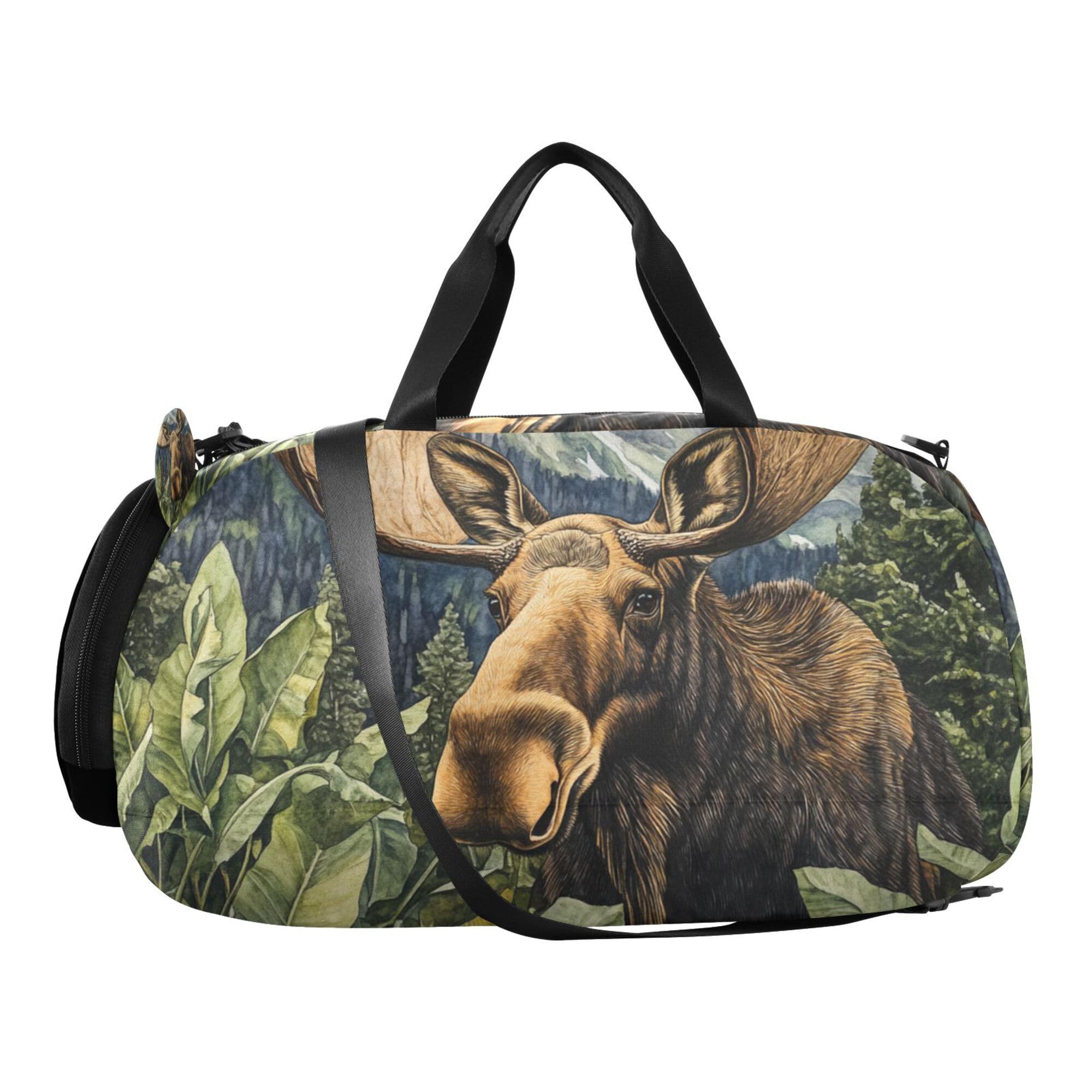 Glaphy Moose Forest Mountain Duffle Bag for Toddler Boys Girls, Gym Sports Bag with Shoe Compartments, Kids Travel Overnight Weekender Shoulder Bag