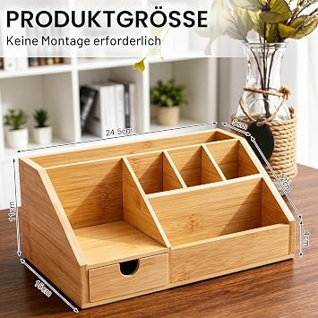 Schreibtisch Organizer Bambus mit Schublade Fächern Schreibtischorganisator Holz Braun für Stifte Notizen Stiftehalter Schreibtischbox für Büro Home Office Aufbewahrung – 24.5x15x11 cm