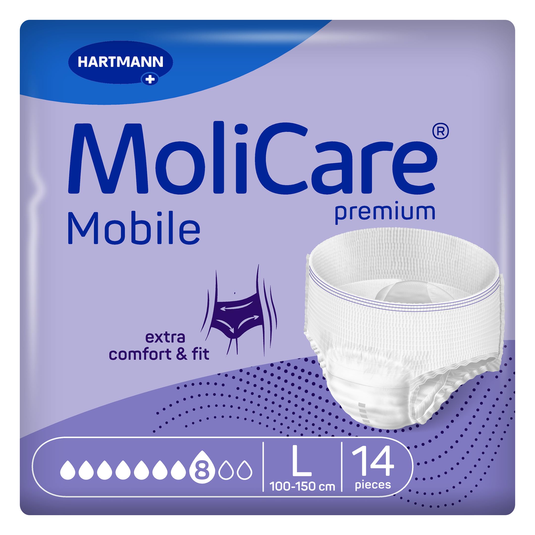 MoliCare Premium Mobile 8 Drops Size L, spodnie dla kobiet i mężczyzn z ciężkim nietrzymaniem moczu, dodatkowa ochrona przed wyciekiem, ochrona skóry, lepsze dopasowanie do ciała, 14 sztuk