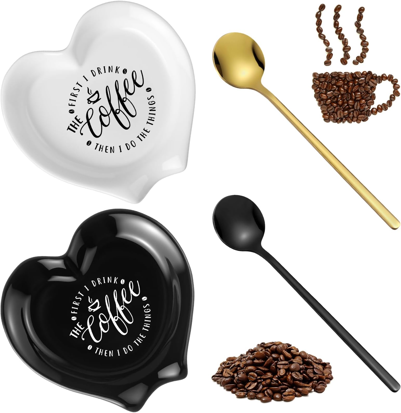 2 Pcs Heart Shaped Coffee Spoon Rest with Spoons Small Ceramic Black and White Stirrer Holder First I Drink Coffee Then I Do Things Bar Station Accessories Lover Gifts for Bar Essentials