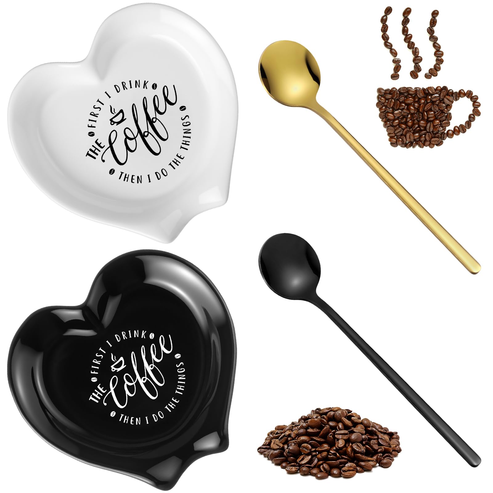 2 Pcs Ceramic Coffee Spoon Rest with Spoon Small Heart Black White Stirrer Holder First I Drink Coffee Then I Do Things Bar Station Accessories Decoration Christmas Lover Gift Essential