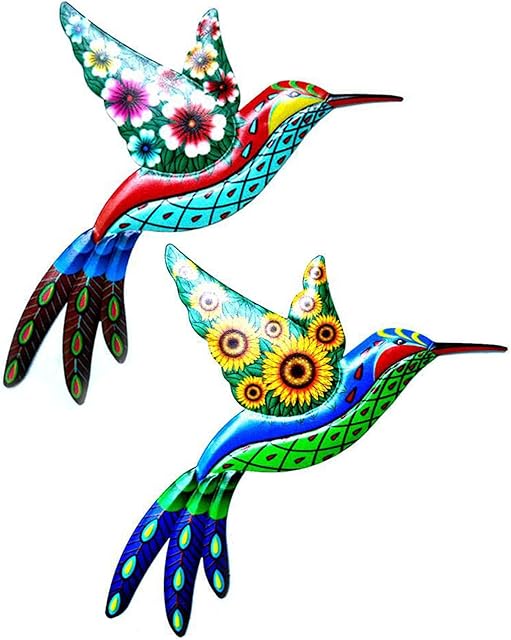 SZHTSWU 2 Pcs Metal Hummingbird Wall Decoration Flying Bird with Flower Design Wall Art Hanging Ornament Sculptures for Indoor Outdoor Yard Lawn Home Garden Tree Fence Art Decoration
