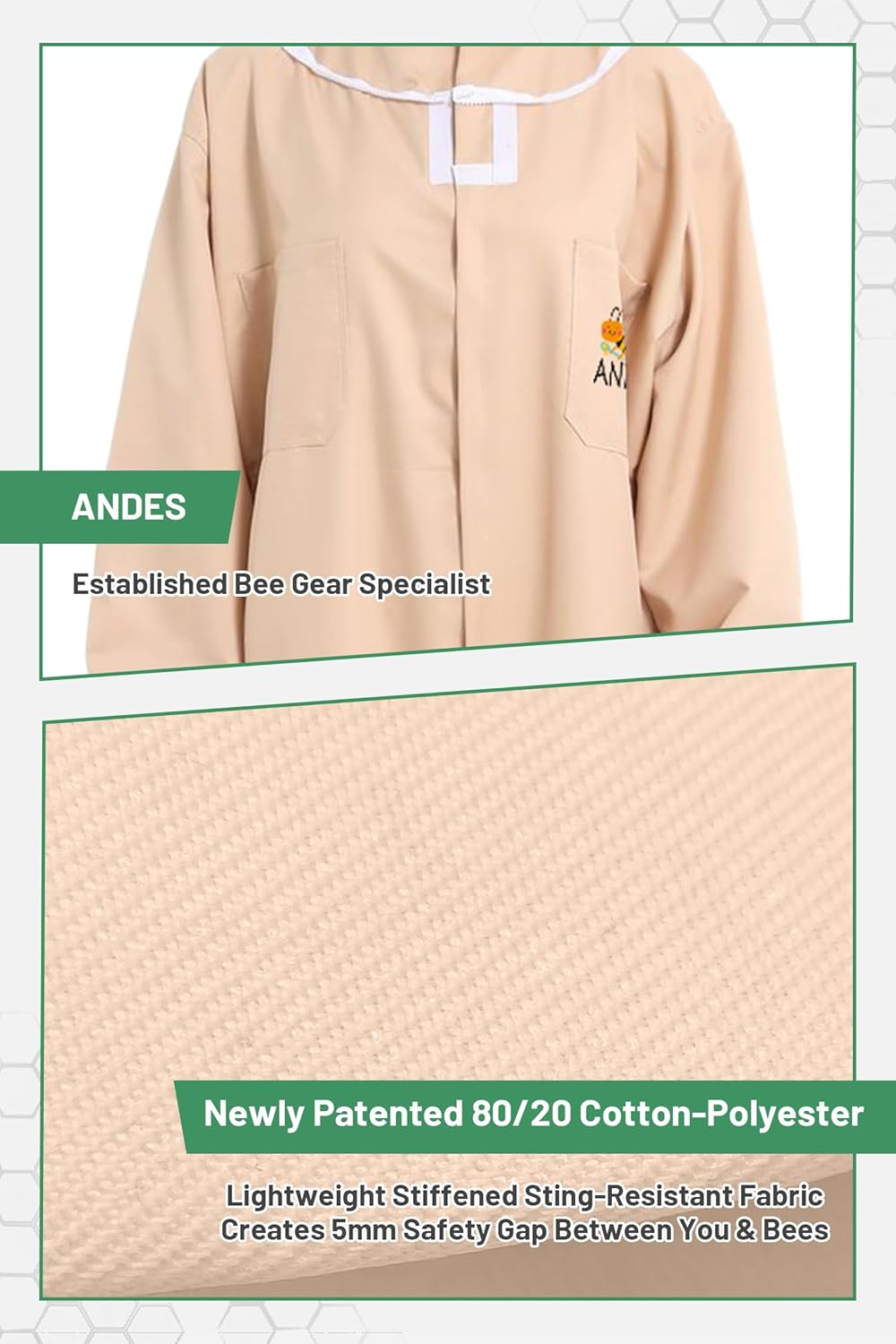 ANDES Stingproof Full Body Beekeeper suit with Round Veil Gloves Size L