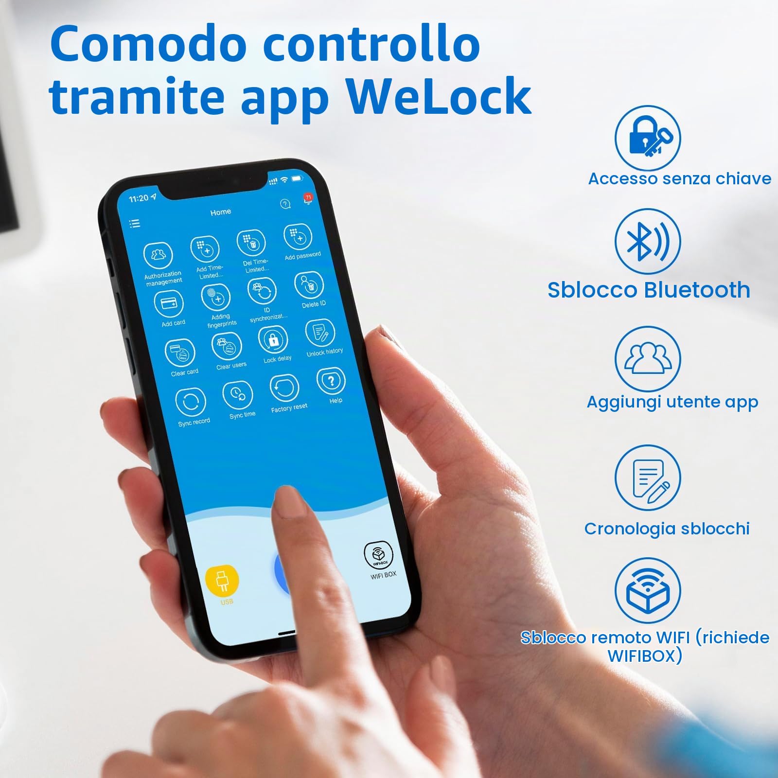 WELOCK TOUCA51 Serratura per Password, con Impronta Digitale Elettronica, con App, Password, Scheda RFID e WiFi, Adatto per Porte da 30 a 70 mm
