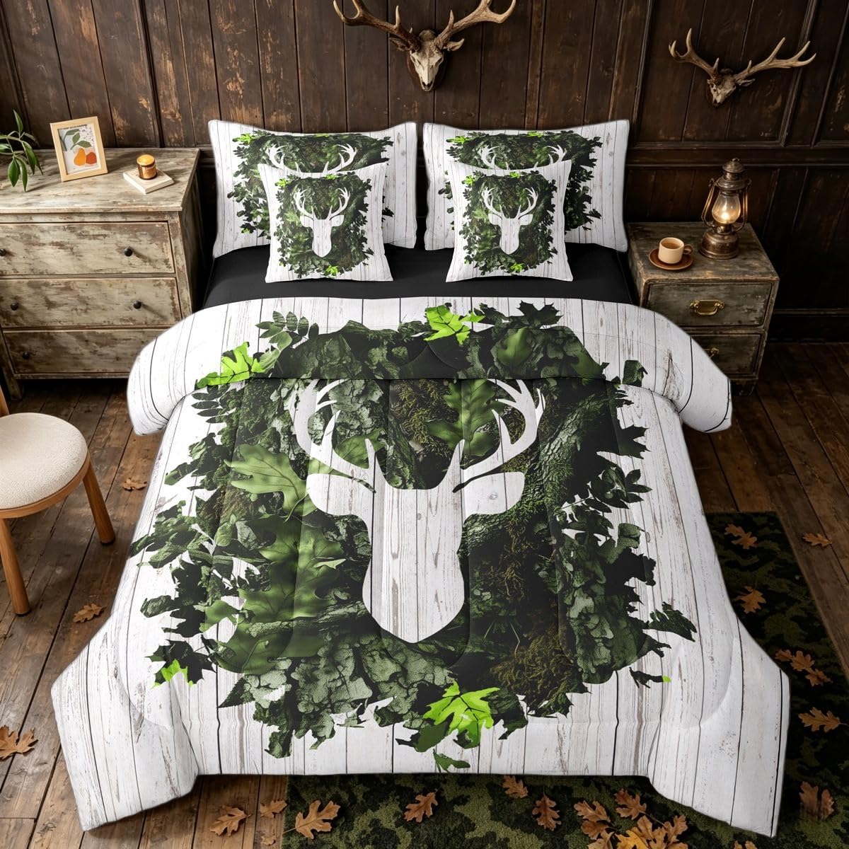 Erosebridal Botanical Camo Deer White Green Teens Comforter Set Queen Size 7 Pieces | Retro Farmhouse Bed in A Bag Antlers Deer Bed Set Vintage Bedding