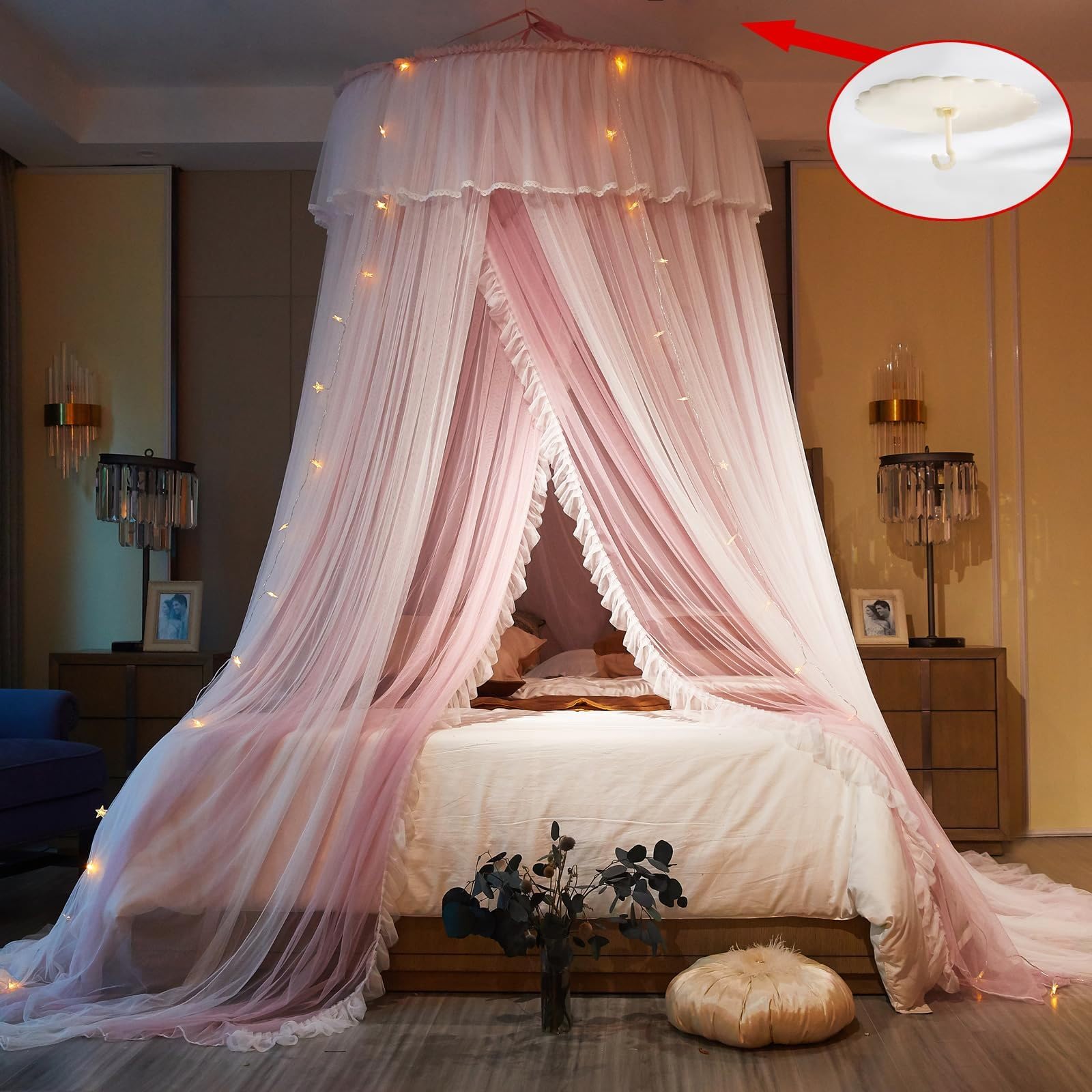 Prinzessinnen Bettvorhang für Zimmerdekoration von Mädchen oder Themenpartys, Eleganter Doppellagiger Betthimmel Moskitonetz Bett für Betten von Twin- bis King-Size, Pink