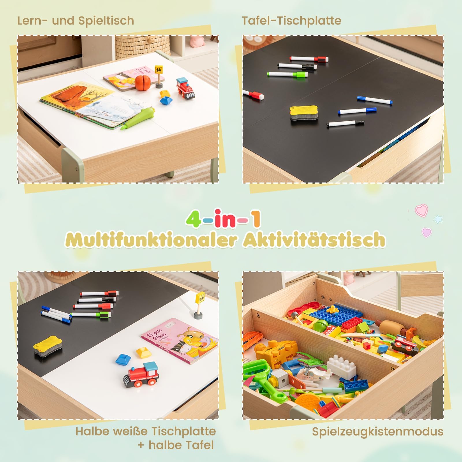 COSTWAY Kindertisch mit 2 Stühlen, 3 teilige Kindersitzgruppe aus Holz mit wendbarer & abnembarer Tischplatte, Kinder Maltisch mit Stauraum, Kindermöbel Sitzgruppe für Kinder ab 3 Jahren (Grün)