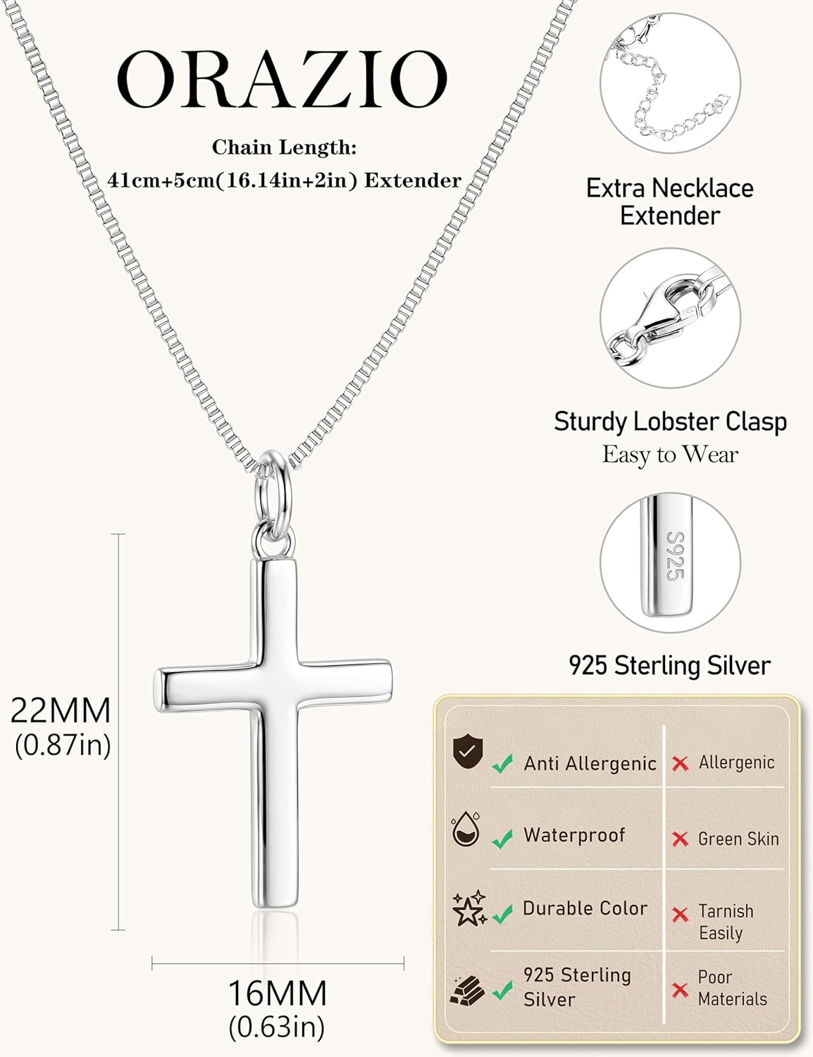 ORAZIO Cross Necklace for Women, 925 Sterling Silver or 18K Gold Plated Cross Necklaces Simple Box Chain Small Cross Pendant Choker Necklace Jewelry Gifts