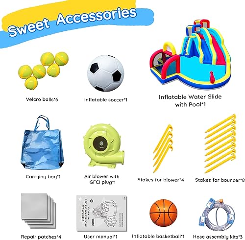 Miniatura 5 de Tobogán acuático doble inflable con portería de fútbol, piscina grande de salpicaduras, cañón de agua, aro de baloncesto, pared de escalada