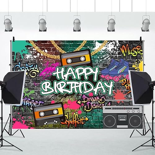 Miniatura 6 de AOFOTO Telón de fondo de feliz cumpleaños de 7 x 5 pies, 80 y 90, tema de regreso a los 80, 90, Hip Hop, Rock Bday, Graffiti, pared de ladrillo,