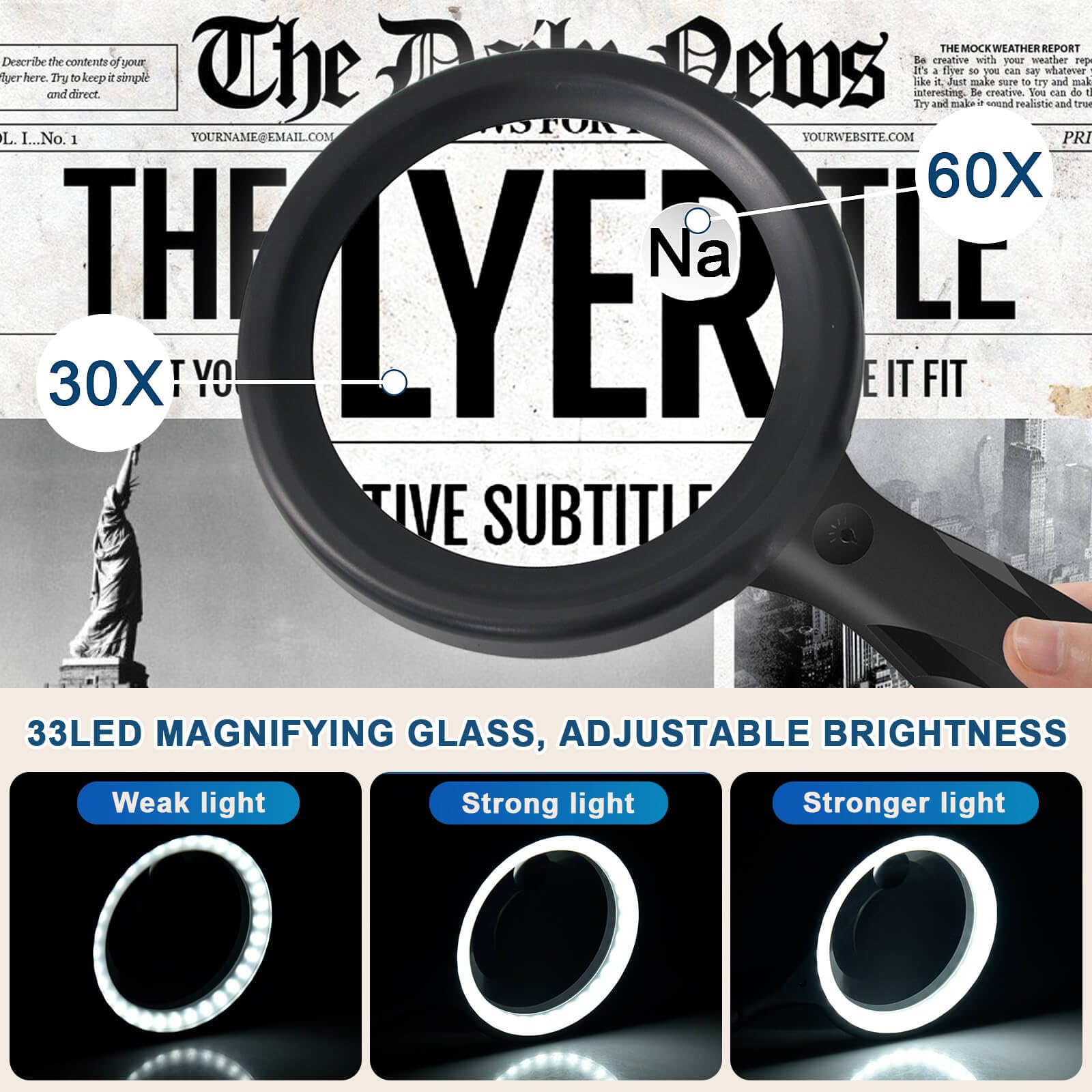 Loupe Grossissante avec Lumiere, 60X 30X loupe de Lecture pour Malvoyant, USB Rechargeable, Loupe Eclairante à 3 Modes, Éclairage Réglable à 33 LED (Noir)
