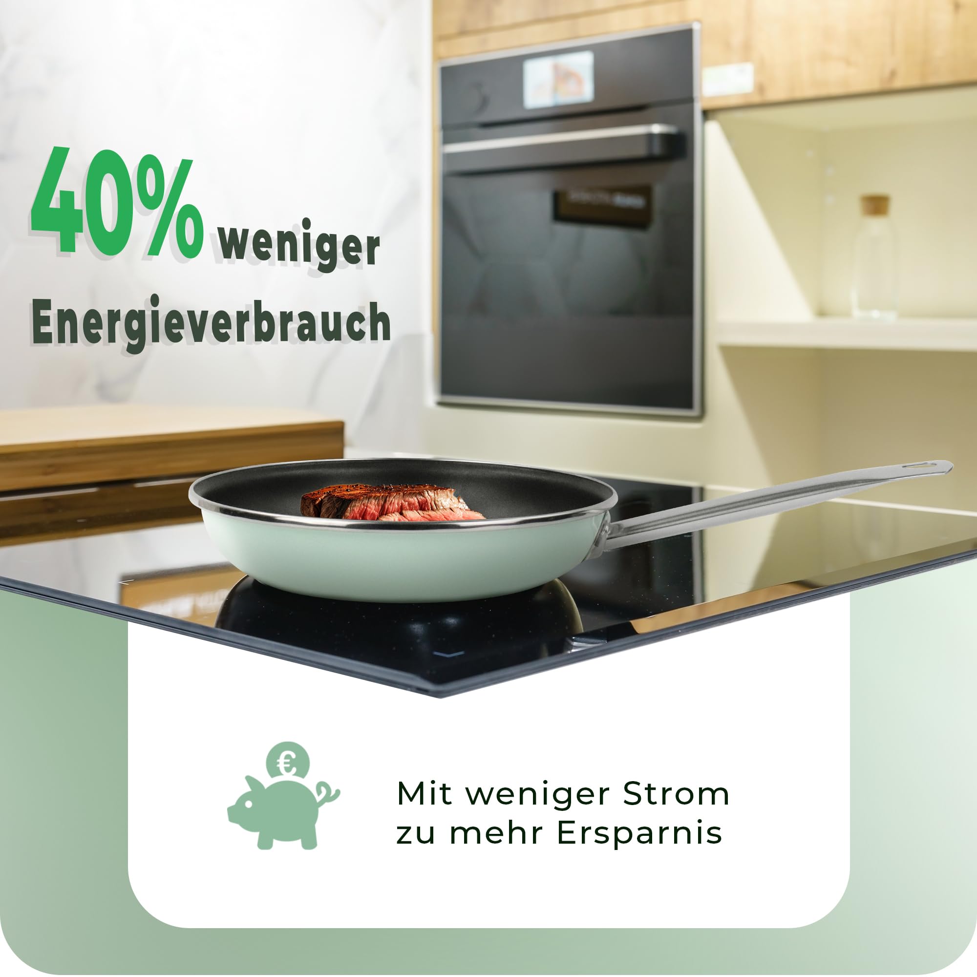 Novaliv Patelnia energooszczędna 24 cm, oszczędność do 40% – stal emaliowana, powłoka zapobiegająca przywieraniu wewnątrz, bardzo łatwa do czyszczenia, miętowo-zielona patelnia do wszystkich rodzajów