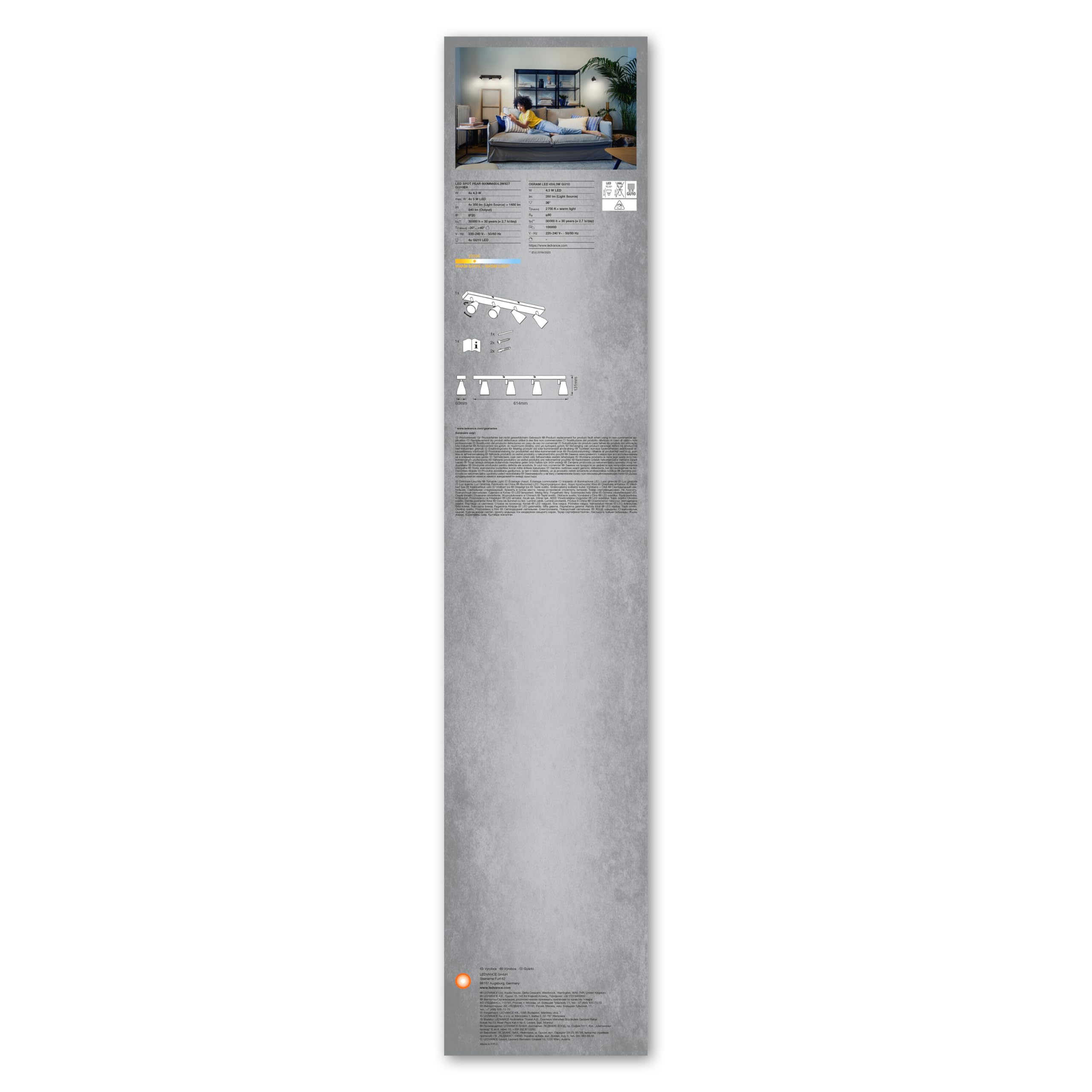 LEDVANCE LED Punktowe 600 mm, Czarny, 17.2 W, 840 LM, Oferuje Ukierunkowane Światło o Ciepłym Białym Jasnym Kolorze, z Elastycznym Światłem Reflektorów Gu10, 2700K