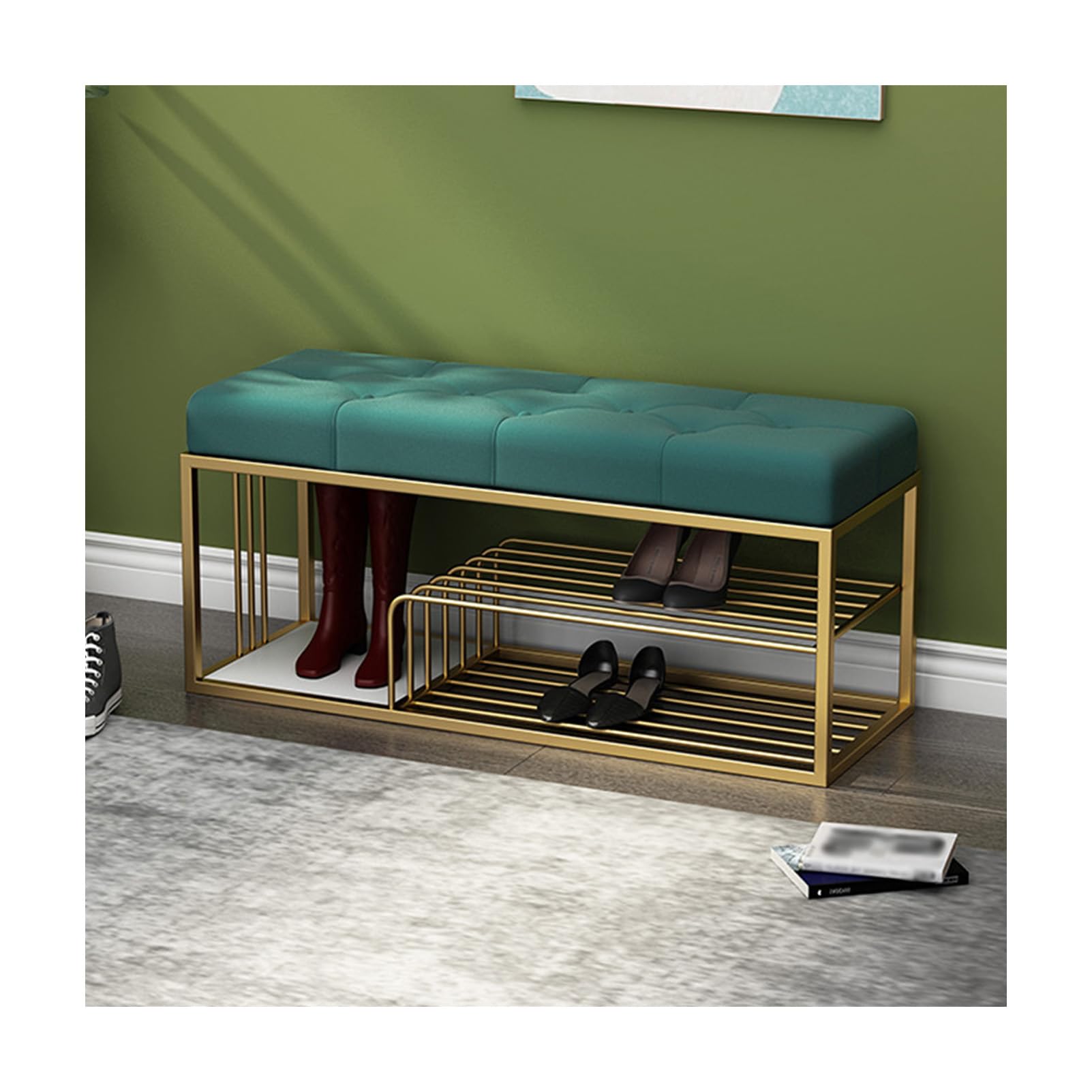 GDMDPTE Stylish Velvet Shoe Storage Bench 3 Tier Entryway nizer with Gold Metal Frame Upholstered Footrest Chic Hallway Furniture for Home Décor and Shoe Storage