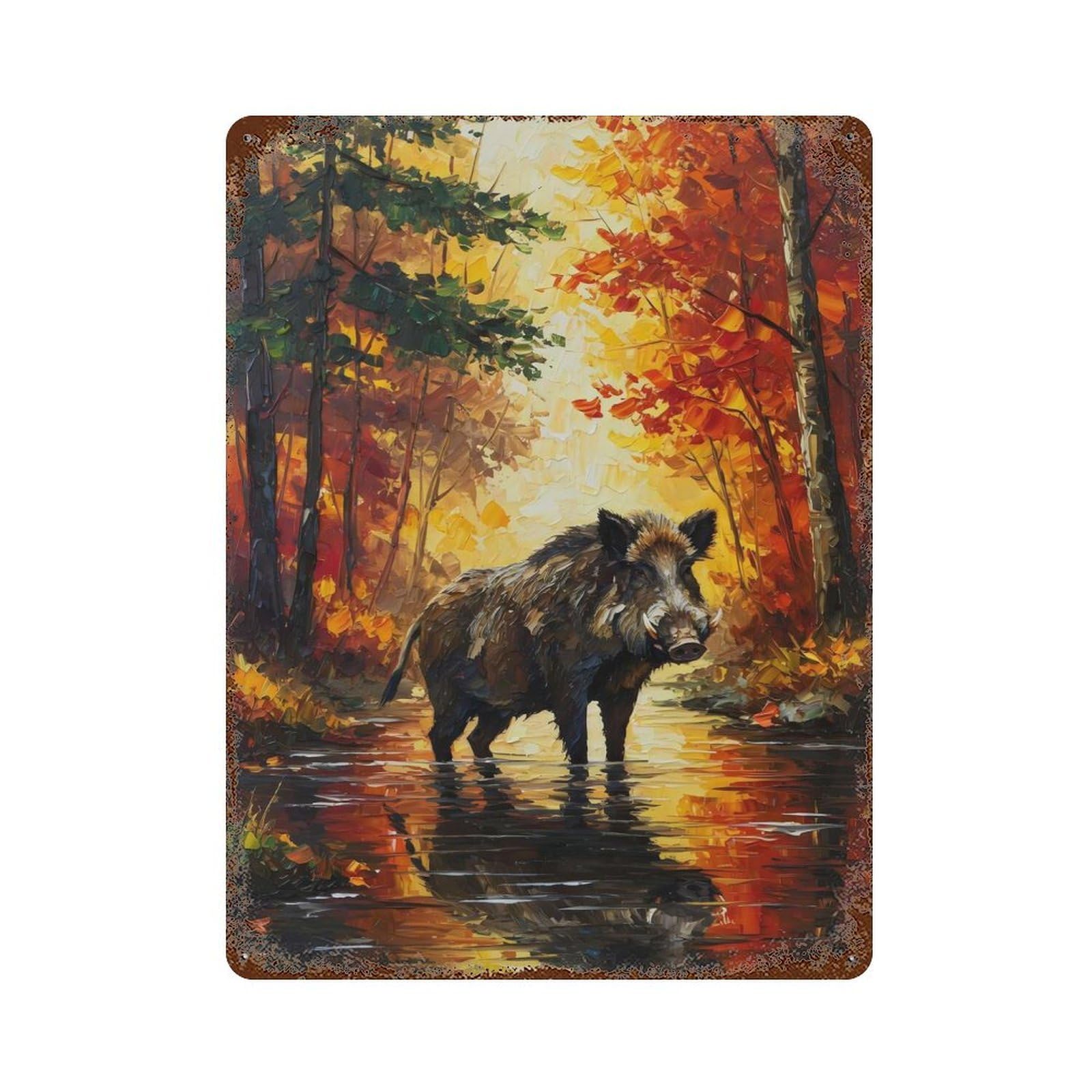 Garage Style Wild Boar in Autumn Forest Painting Rustic Tin Plaque 15.7"x11.8", Industrial Home Decor for Bar And Workshop