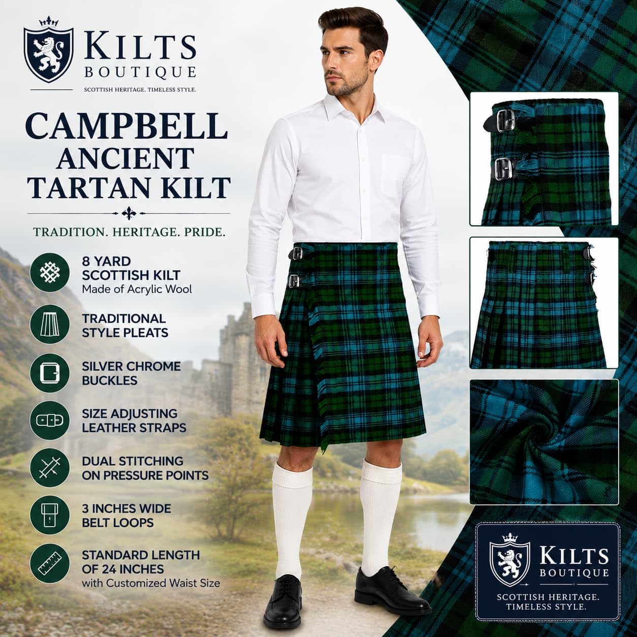 Campbell, kilt scozzese da uomo, 8 m, in lana acrilica, tradizionale kilt plissettato con cinghie in pelle e fibbie cromate, vita personalizzata, lunghezza 61 cm