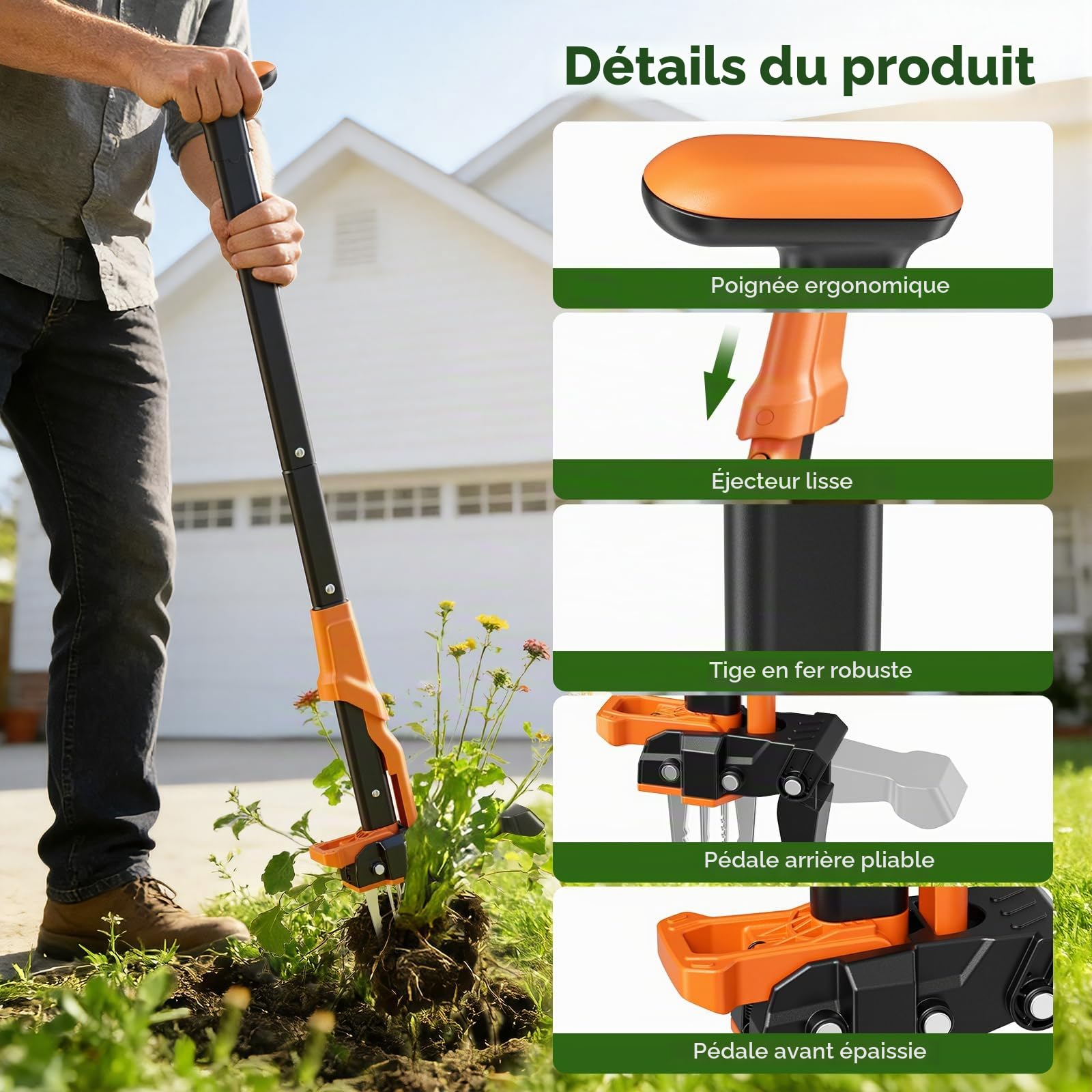 Sarcloir de 85 à 100 cm à longueur réglable, outil à long manche avec 4 griffes, outil robuste pour arracher les racines de pissenlits, outils de jardinage pour la cour et la pelouse