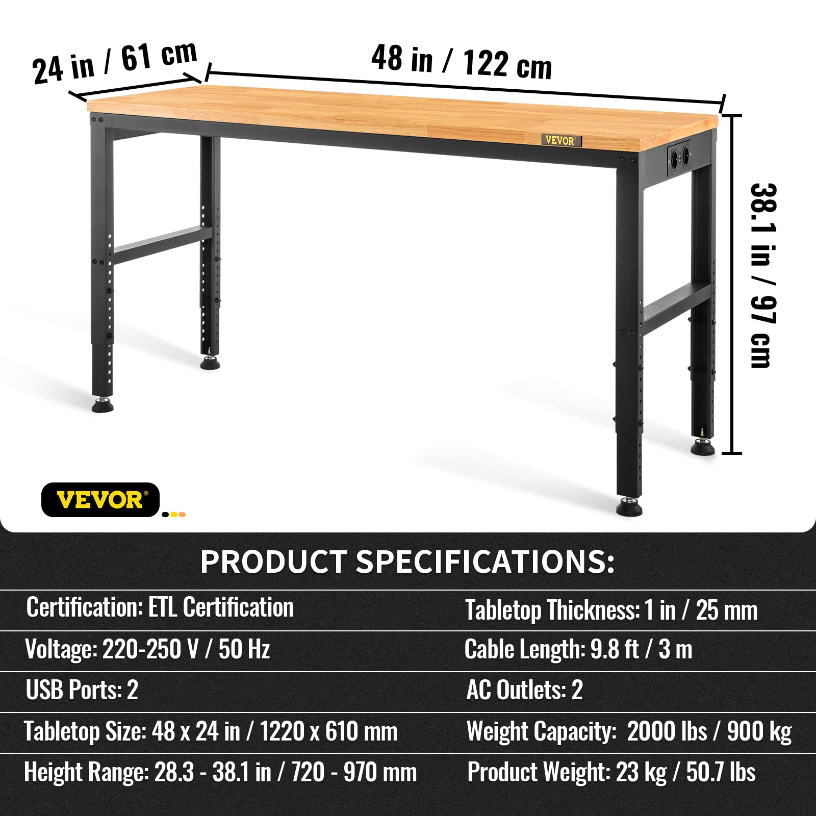 VEVOR Höhenverstellbare Werkbank 122 x 61 x 72-97 cm Spanntisch, 900 kg Gewichtskapazität Arbeitstisch, Braun Klappbare Werkzeugbank aus Kaltgewalzter Stahl, Multifunktionswerktisch für Werkstatt