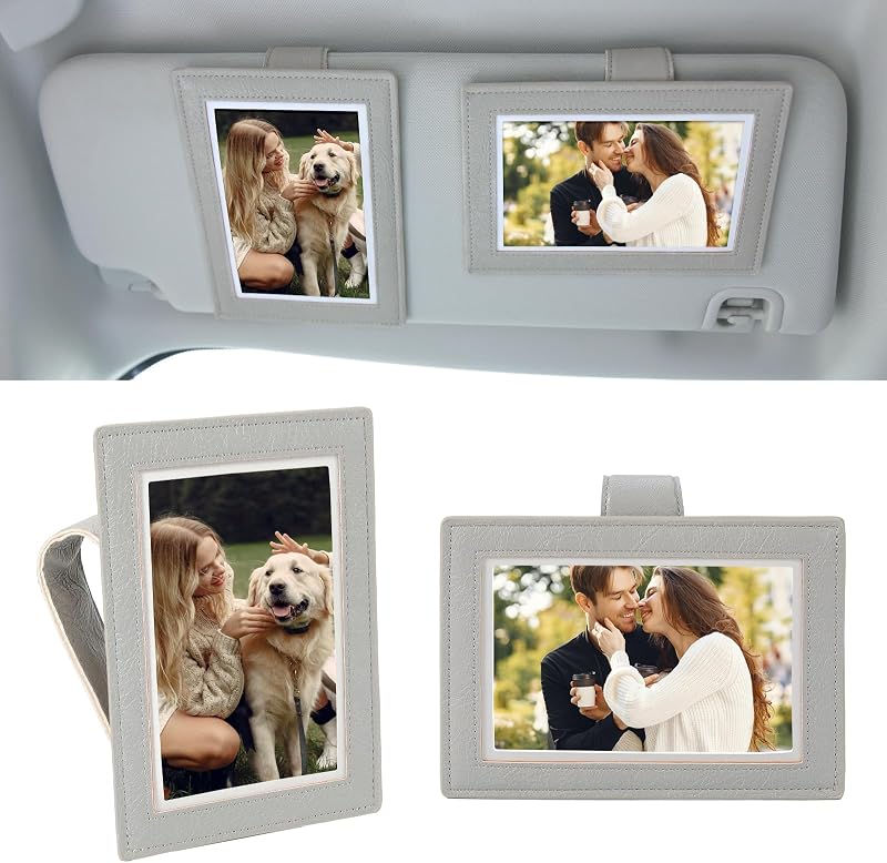 KINIVA Porta-Foto Magnético para Para-Sol Automotivo em Couro Sintético Cinza, com Clipe, Orientação Horizontal, Kit com 2