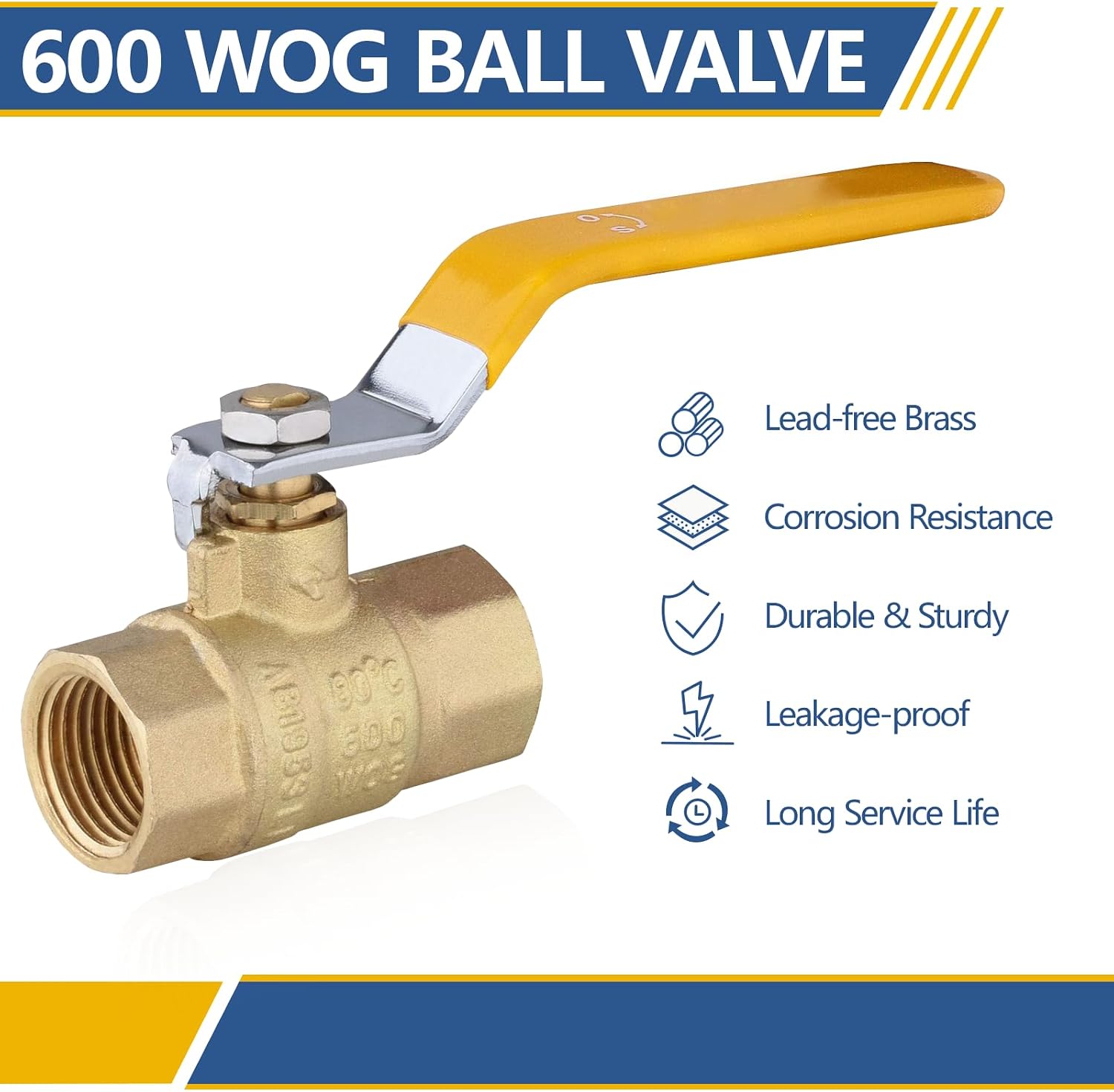 3/4" Heavy Duty Full Port Brass Ball Valve,600 WOG FNPT FIP Threaded Valve for Compressed Air, Water, Plumbing or Oil(5 Pack,Yellow Handle)(VALVE228)