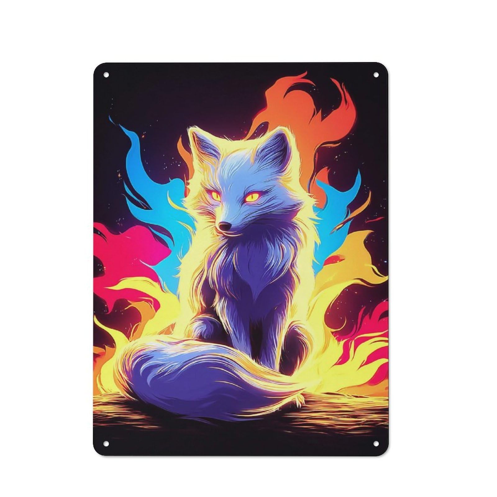Junmoney Flame Fox Mystic Artwork -1 Modern Retro Metal Wall Decor 40X30cm, Metal Wall Sign For Loft, Studio, Office Or Creative Room