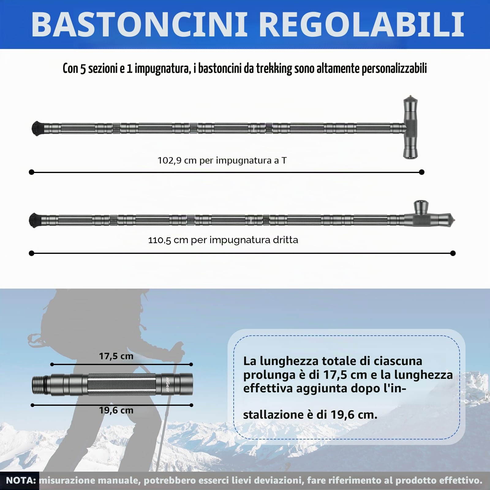 aiGear Bastoncini Trekking in Alluminio con 3 Extérieur Accessoires Grigio | Bastoni Trekking, Antiurto, Leggero e Resistente, Lunghezza Regolabile, per Escursionismo, Campeggio, Montagna, Zaino