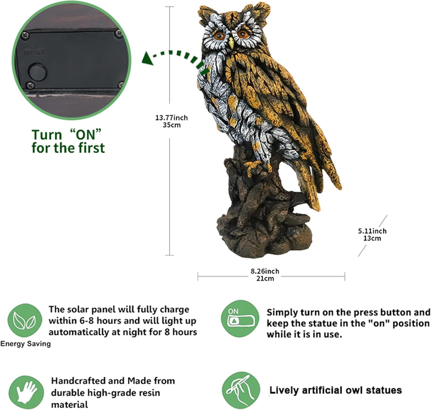 Solar Owl Resin Statue Hand – Painted Garden Decor with LED Light, Perched on Tr…