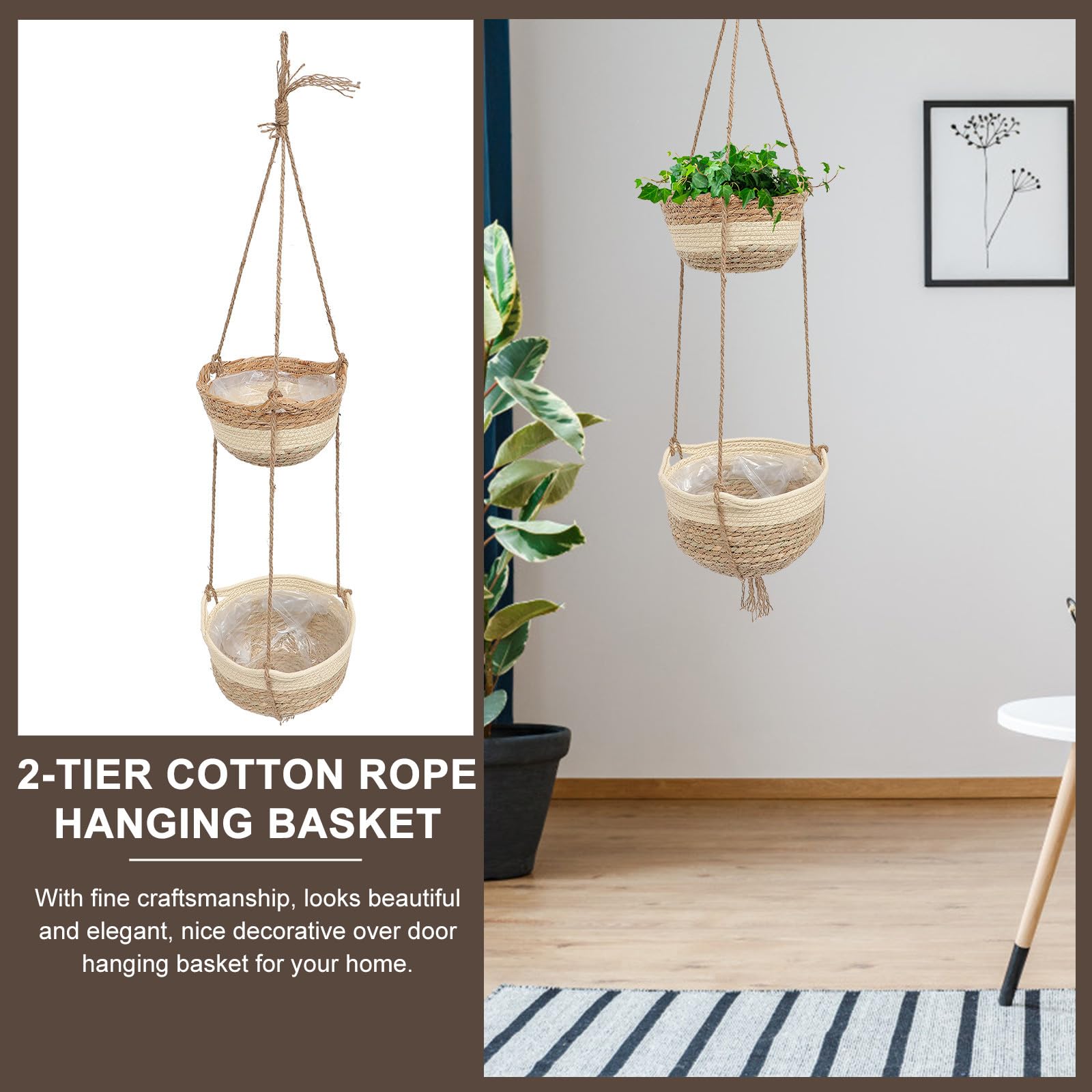 Homoyoyo Cesto Sospeso Intrecciato a 2 Livelli in Materiale Composito per Piante e Fiori, Sospensione per Soggiorno e Giardino, Design Artigianale in Corda Naturale
