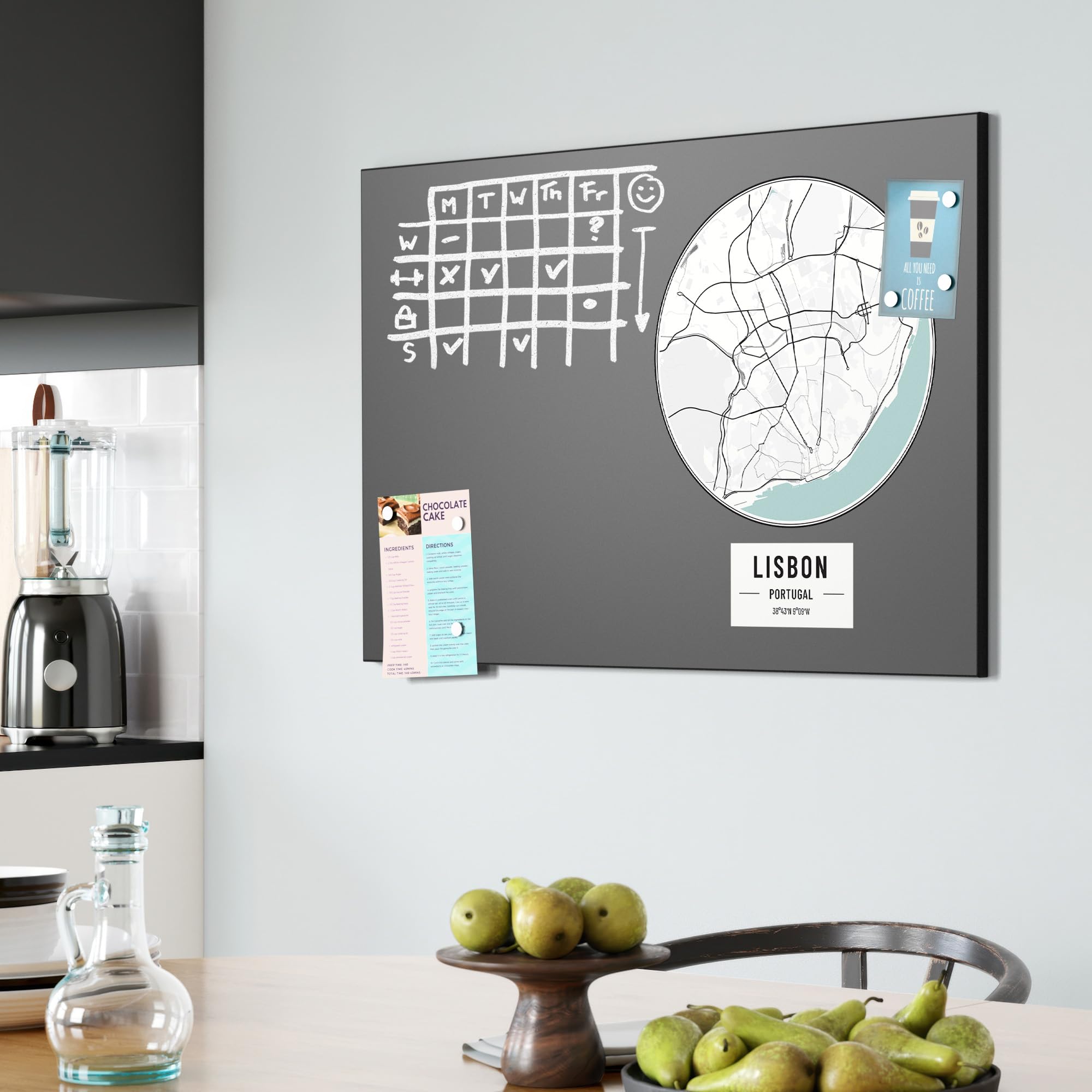 DEQORI Magnetyczna tablica do pisania kredą z nadrukiem UV | motyw "mapa miasta Lisbon" | prostokątna tablica o wymiarach 90 x 60 cm | metalowa tablica kredowa do pisania – dekoracja ścienna do kuchni