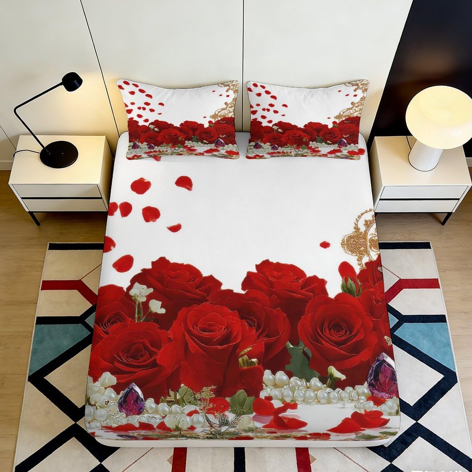 3D Printed Red Rose Fitted Sheet Microfiber Floral Romantic Petal Bed Cover for Bedroom Guest Room Easy Care 90x200x25cm