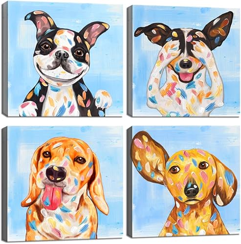 KLVOS Obra de arte abstracta de cachorros, pintura de perros, imágenes divertidas de animales, decoración de pared, impresión en lienzo, galería
