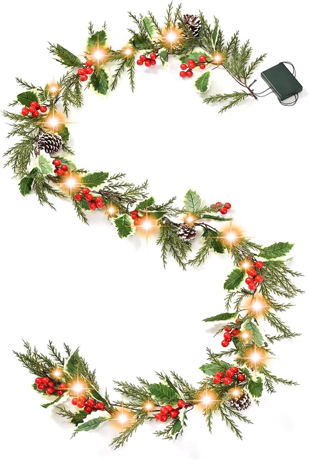 9FT Holly Berry Garland, Artificial Cypress Garland Realistic, Pre-lit Christmas Garland Battery Operated with Timer for Holiday Winter Indoor Outdoor Party Decor