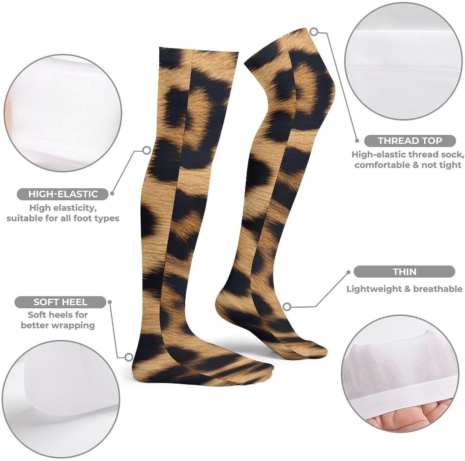 Rough Leopard Print Knee High Stockings for Women 23.6" Breathable Thigh High Stockings Over The Knee Socks