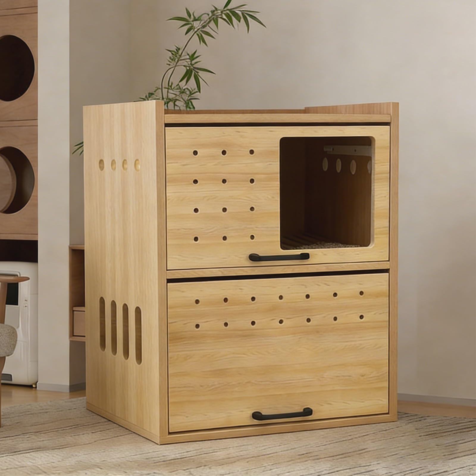 Katzenklo Schrank, 2-in-1-Katzenhaus aus Holz for den Innenbereich mit Katzenstreu-Abflussdesign, for Wohnzimmer, Schlafzimmer, Balkon